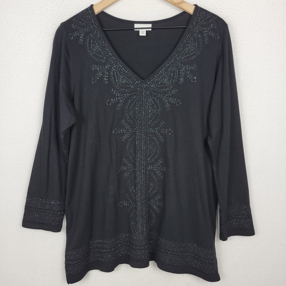 J. Jill Black Sparkle Embroidered Long Sleeve Tunic Top M Petite Boho Whimsigoth